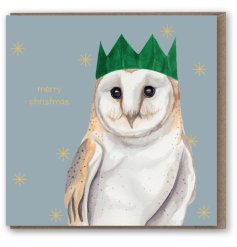A unique Christmas card featuring a party crown wearing owl. Hand painted using water colours.