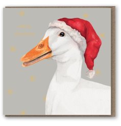 A traditional greetings card with a twist. This stunning goose wearing Santa's hat has been hand painted 