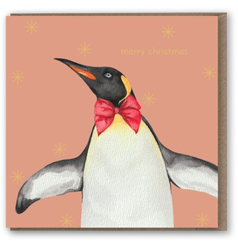 A beautiful and unique hand painted Christmas Greetings card featuring a bow tie wearing dancing penguin.