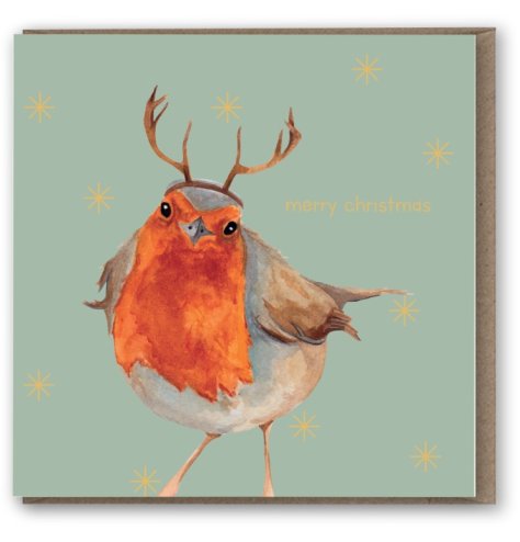 A stunning hand painted Christmas greetings card with a traditional Robin wearing antlers.