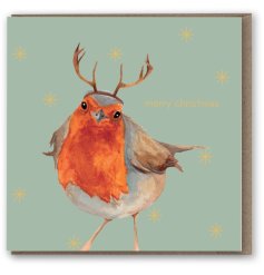 A beautiful hand painted Christmas Card featuring a traditional Robin wearing antlers.