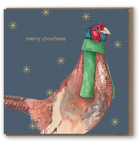A unique hand painted Christmas card featuring a scarf wearing Pheasant. Fine quality with kraft envelope. 