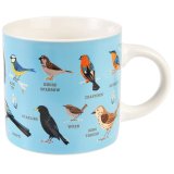 A colourful mug featuring common garden birds. 