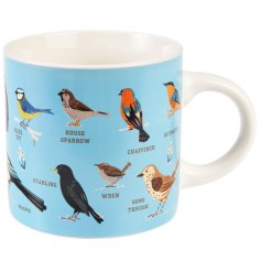A colourful mug featuring common garden birds. 