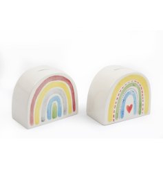 An assortment of 2 money boxes, each with a rainbow design