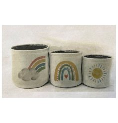 A set of 3 bright and beautiful rainbow and sunshine design storage baskets 