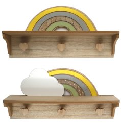 An assortment of 2 wooden shelves with heart shaped hooks. Complete with a colourful rainbow and clouds backdrop. 