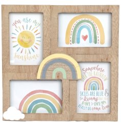 A natural wooden multi photo frame with colourful rainbow themed holding cards. 