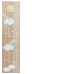 A charming height chart in the style of a giant ruler. Decorated with a painted sunshine and rainbow design