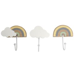 An assortment of 3 wooden hooks, each with a rainbow or cloud design. Beautifully painted in pretty pastel colours. 