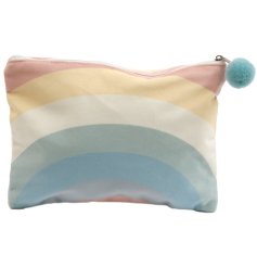 A stylish zip up bag with a pretty pastel coloured rainbow design. Complete with blue pom pom charm.