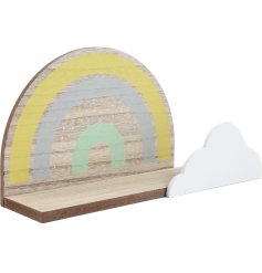 A pretty pastel coloured rainbow shelf with white cloud.