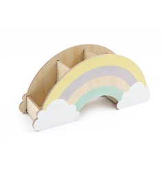 Keep your favourite stationery items organised and accessible with this wooden rainbow desk tidy.
