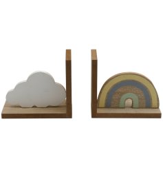 A set of 2 charming wooden book ends including a pastel coloured rainbow and white cloud.