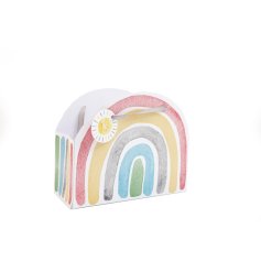 A colourful and unique rainbow shaped gift bag with a matching sunshine gift tag. 