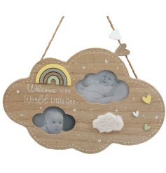 Welcome to the world little one. A beautiful cloud shaped hanging photo frame with 3D rainbows, hearts and clouds. 