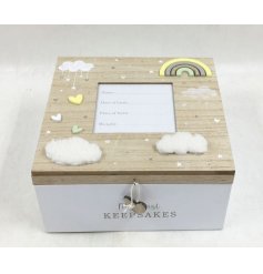A beautiful wooden keepsake box for you to personalise. Decorated with hearts, rainbows and clouds in pastel colours.