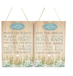 A wooden plaque printed with garden rules from the Flower Shop range.