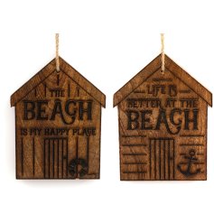 An assortment of 2 hanging wooden beach huts, each engraved with a beach themed slogan. 
