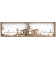 An assortment of 2 charming beach scenes with frame. Each plaque includes an abundance of miniature wooden features