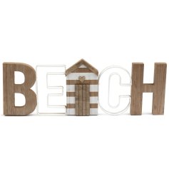 A coastal themed BEACH sign with wood, wire and beach hut letters. 