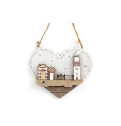 A charming and unique wooden heart shaped plaque with a 3D wooden beach scene. 