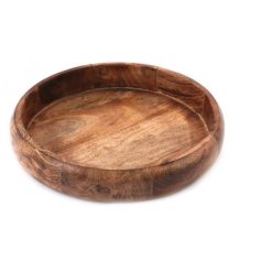 A beautifully crafted natural wooden bowl with shallow, curved edges and a visible wood grain. 
