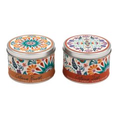 A mix of 2 citrus scented candles set within colourful tins, each decorated with a vibrant summer tile design.