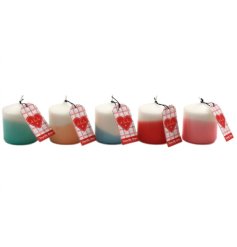 An assortment of 5 pillar candles with a vibrant colour dip and Oh La La gift label.