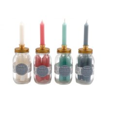 An assortment of 4 glass candle jars containing pastel coloured candle sticks. 