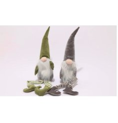 An assortment of 2 stylish sitting gonk decorations in plush green and grey colours. 