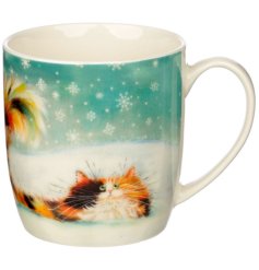 A fine quality porcelain mug with a humorous snow covered ginger cat illustration by the talented artist Kim Haskins. 