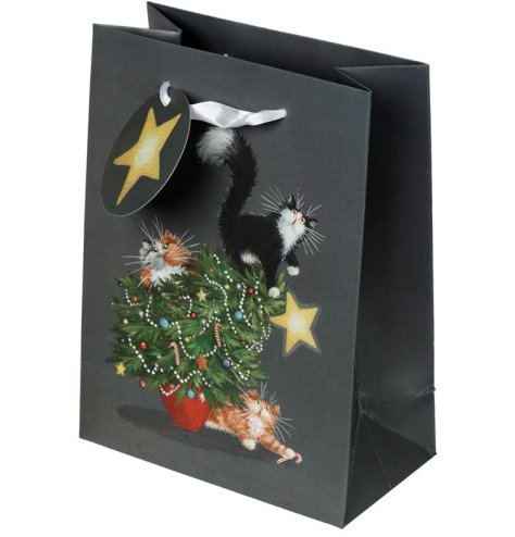 A fine quality gift bag with a humorous cat Christmas illustration. A unique and witty wrapping solution this season.
