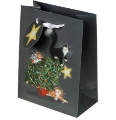 A humorous, witty and beautifully illustrated cat Christmas tree catastrophe gift bag with star tag.