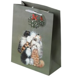 A unique, humorous and beautifully illustrated cat themed Christmas gift bag with mistletoe bunch. 