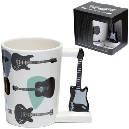 A unique guitar mug with printed guitar images and shaped handle.