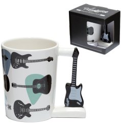 A unique guitar mug with printed guitar images and shaped handle.