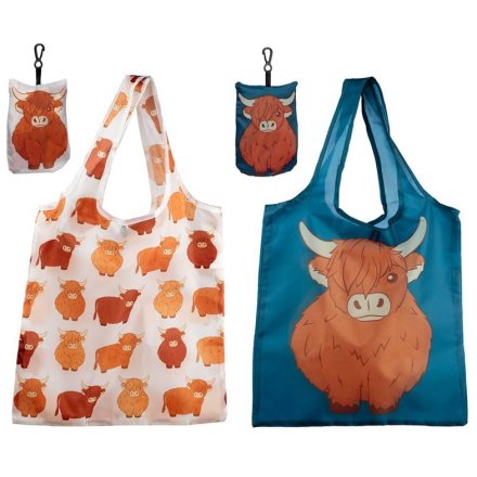 A mix of 2 bright and bold highland cow design shopping bags with handy pouch and clip. 