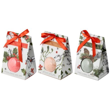 Frosted Berries, Chocolate and Cotton & Vanilla scented bath bombs with traditional winter botanical gift boxes