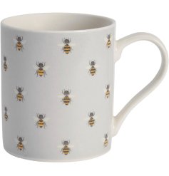 A stylish mug with a bee formation pattern.