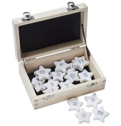 A chic wooden box containing a mix of 36 marble star shaped tokens. 