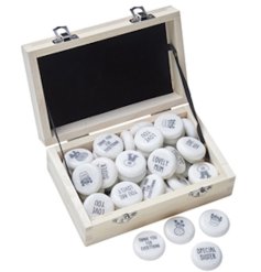 An assortment of 48 sentiment tokens in a beautifully crafted wooden box. 