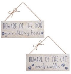 An assortment of 2 wooden hanging signs with humorous cat and dog slogans. Complete with jute string hanger 