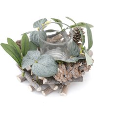 A rustic t-light holder with pinecones, sage and foliage. A lovely interior accessory for the home this season. 