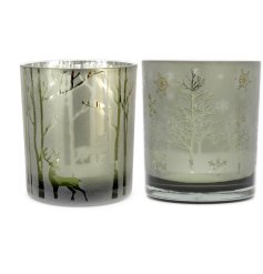 An assortment of 2 glass candle holders in a rich forrest green colour and frosted finish. 