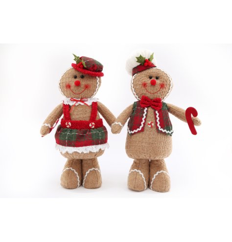 A mix of 2 tall gingerbread decorations with waffle fabric and charming tartan baking outfits. 
