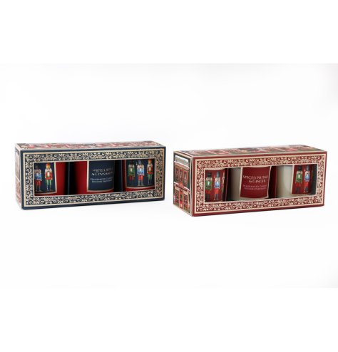 Green and red traditional nutcracker scented candle gift sets with enchanting Workshop and Toyshop packaging. 