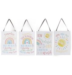 A decorative wooden sign featuring beautiful quotes and illustrations that would be perfect for any nursery. 