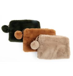 A faux fur make up bag with pom pom detail, in 3 assorted colours.