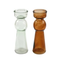An assortment of 2 chic candlestick holders. Made from glass in stylish clear and rich honey colours. 